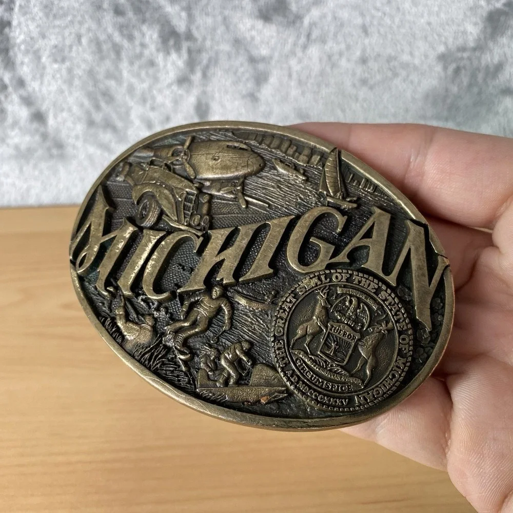 Vintage ADM Michigan State Belt Buckle First Edition Solid‎ Brass Award Design